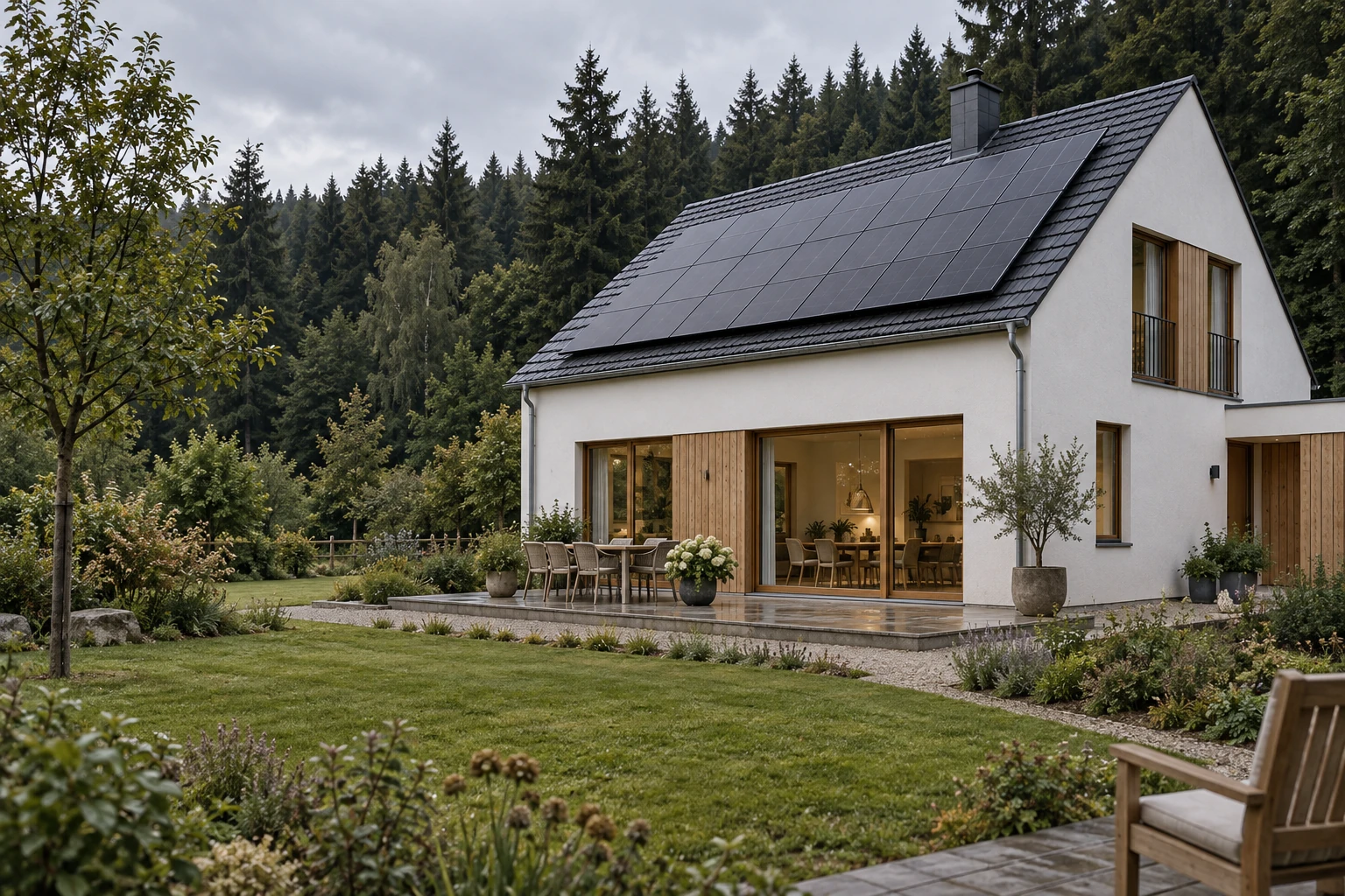 Illustrative Ansicht eines Hauses mit Photovoltaik am Waldrand