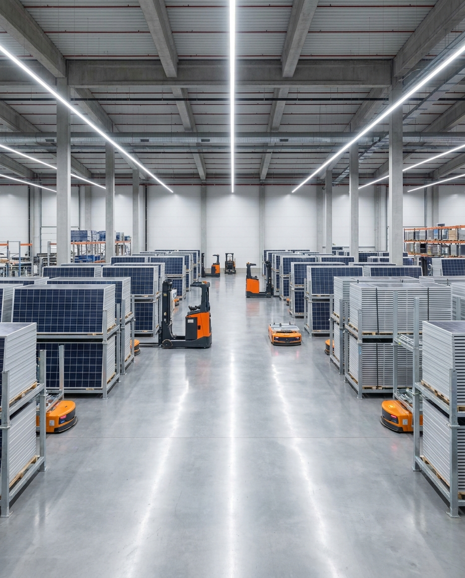 Werkbank mit Werkzeug, Photovoltaikmodul und Arbeitsjacke