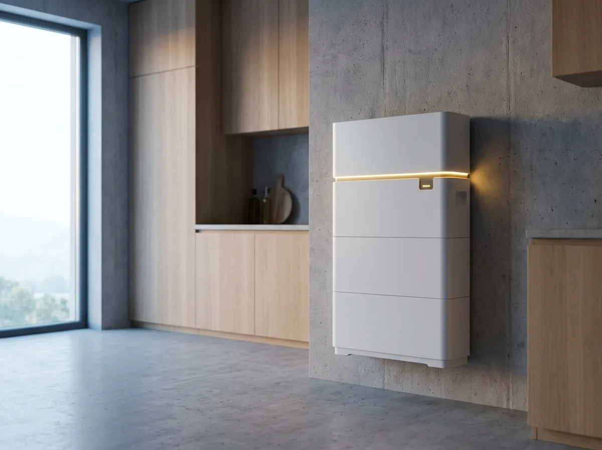 Batteriespeicher an der Wand eines Hauswirtschaftsraums